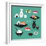 Funny Sushi Set. Bottle of Sake, Sushi, Rice, Soy Sauce. Vector Illustration.-Serbinka-Framed Art Print