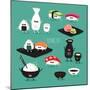 Funny Sushi Set. Bottle of Sake, Sushi, Rice, Soy Sauce. Vector Illustration.-Serbinka-Mounted Art Print