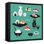 Funny Sushi Set. Bottle of Sake, Sushi, Rice, Soy Sauce. Vector Illustration.-Serbinka-Framed Stretched Canvas