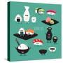 Funny Sushi Set. Bottle of Sake, Sushi, Rice, Soy Sauce. Vector Illustration.-Serbinka-Stretched Canvas