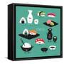 Funny Sushi Set. Bottle of Sake, Sushi, Rice, Soy Sauce. Vector Illustration.-Serbinka-Framed Stretched Canvas