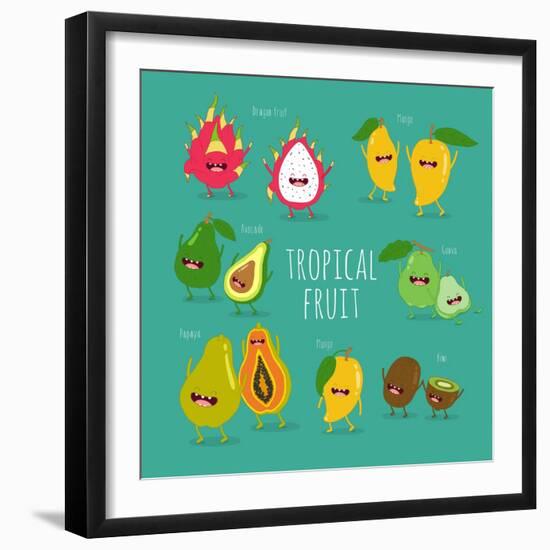 Funny Tropical Fruits. Guava, Papaya, Mango, Kiwi, Dragon Fruit, Avocado. Vector Illustration. Comi-Serbinka-Framed Art Print