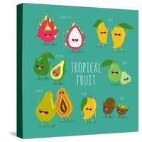 Funny Tropical Fruits. Guava, Papaya, Mango, Kiwi, Dragon Fruit, Avocado. Vector Illustration. Comi-Serbinka-Stretched Canvas