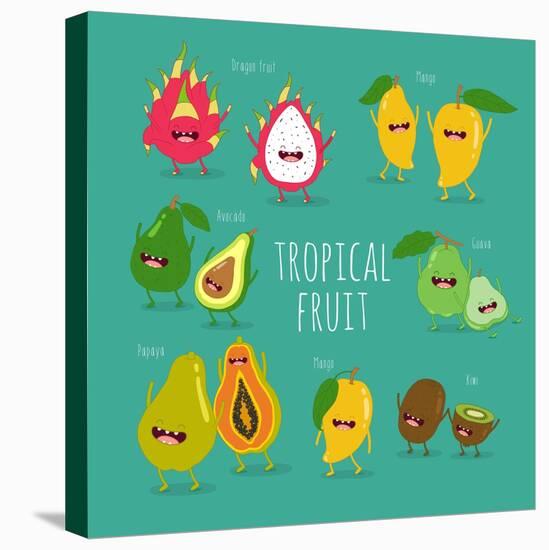 Funny Tropical Fruits. Guava, Papaya, Mango, Kiwi, Dragon Fruit, Avocado. Vector Illustration. Comi-Serbinka-Stretched Canvas