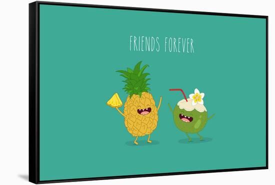 Funny Tropical Fruits. Pineapple and Coconut. Friend Forever.-Serbinka-Framed Stretched Canvas