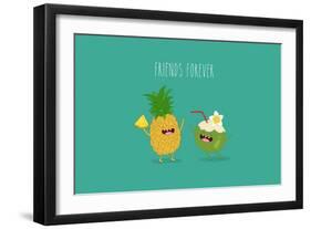 Funny Tropical Fruits. Pineapple and Coconut. Friend Forever.-Serbinka-Framed Art Print