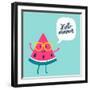 Funny Vector Background with Watermelon Slice in Glasses, Speech Bubble and Hand Written Text Hello-Beskova Ekaterina-Framed Art Print