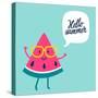 Funny Vector Background with Watermelon Slice in Glasses, Speech Bubble and Hand Written Text Hello-Beskova Ekaterina-Stretched Canvas