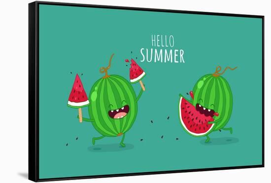 Funny Watermelon Eating a Piece of Watermelon. Hello Summer. Use for Card, Poster, Banner, Web Desi-Serbinka-Framed Stretched Canvas