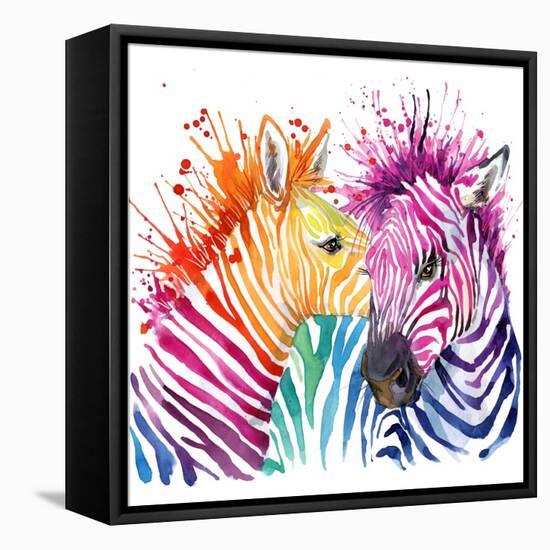 Funny Zebra T-Shirt Graphics, Rainbow Zebra Illustration with Splash Watercolor Textured Background-Faenkova Elena-Framed Stretched Canvas