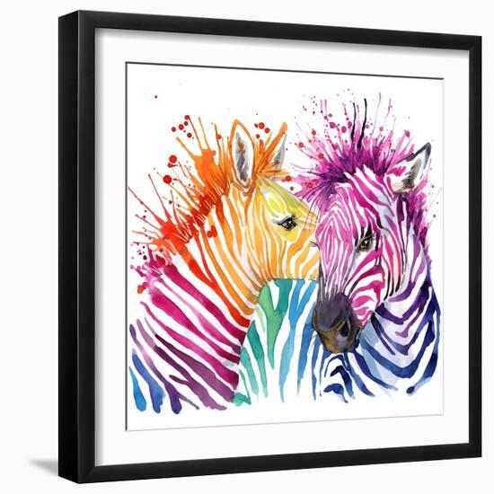 Funny Zebra T-Shirt Graphics, Rainbow Zebra Illustration with Splash Watercolor Textured Background-Faenkova Elena-Framed Art Print