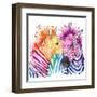 Funny Zebra T-Shirt Graphics, Rainbow Zebra Illustration with Splash Watercolor Textured Background-Faenkova Elena-Framed Art Print