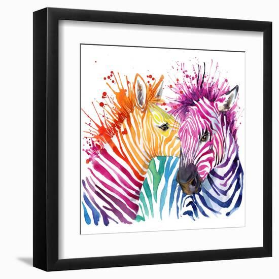 Funny Zebra T-Shirt Graphics, Rainbow Zebra Illustration with Splash Watercolor Textured Background-Faenkova Elena-Framed Art Print