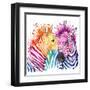 Funny Zebra T-Shirt Graphics, Rainbow Zebra Illustration with Splash Watercolor Textured Background-Faenkova Elena-Framed Art Print