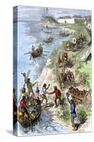 Fur Traders Arriving at a Hudson Bay Company Post in Boats and Wagons-null-Stretched Canvas