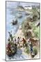 Fur Traders Arriving at a Hudson Bay Company Post in Boats and Wagons-null-Mounted Giclee Print