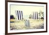 Furniture and Summer Holidays Concept - Two Beach Lounges with Beach Bag and White Hat on the Beach-dolgachov-Framed Photographic Print