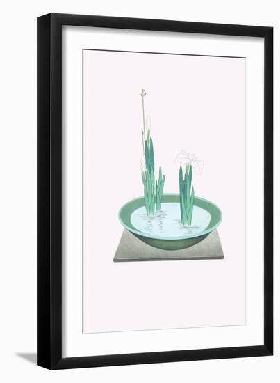 Futoi & Hanashobu (Scirpus & Iris) In a Tenryuji-Celadon Basin-Josiah Conder-Framed Art Print