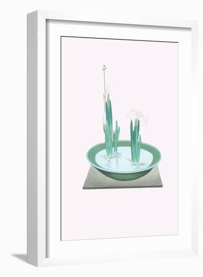 Futoi & Hanashobu (Scirpus & Iris) In a Tenryuji-Celadon Basin-Josiah Conder-Framed Art Print