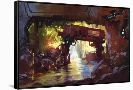 Futuristic Forest,The Old Machine in Deep Forest Waterfall-Tithi Luadthong-Framed Stretched Canvas