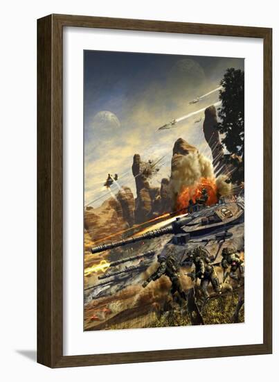 Futuristic Hover Tank Platoon Charging Downhill-Stocktrek Images-Framed Art Print