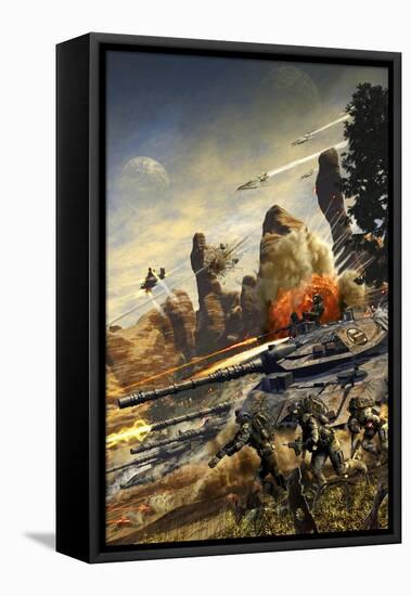 Futuristic Hover Tank Platoon Charging Downhill-Stocktrek Images-Framed Stretched Canvas