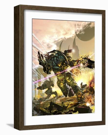 Futuristic Robotic Marines Charging on a Battlefield-Stocktrek Images-Framed Art Print