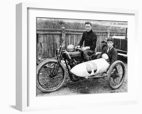 FW Dixon on a Harley-Davidson, with a Passenger in the Sidecar, 1921-null-Framed Photographic Print