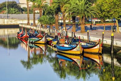 Gondola-Like Moliceiros Boats Anchored Along the Central Channel, Aveiro, Beira, Portugal, Europe
