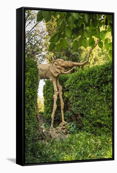 Gala Dali Castle Museum, elephant statue in garden, medieval home museum of Salvador Dali, Pubol, B-Eleanor Scriven-Framed Stretched Canvas