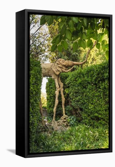 Gala Dali Castle Museum, elephant statue in garden, medieval home museum of Salvador Dali, Pubol, B-Eleanor Scriven-Framed Stretched Canvas