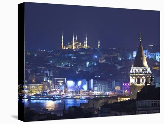 Galata Tower and Blue Mosque (Sultan Ahmet Camii), Sultanahmet, Istanbul, Turkey-Jon Arnold-Stretched Canvas