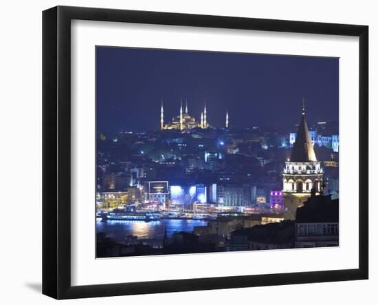 Galata Tower and Blue Mosque (Sultan Ahmet Camii), Sultanahmet, Istanbul, Turkey-Jon Arnold-Framed Photographic Print