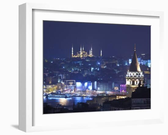 Galata Tower and Blue Mosque (Sultan Ahmet Camii), Sultanahmet, Istanbul, Turkey-Jon Arnold-Framed Photographic Print