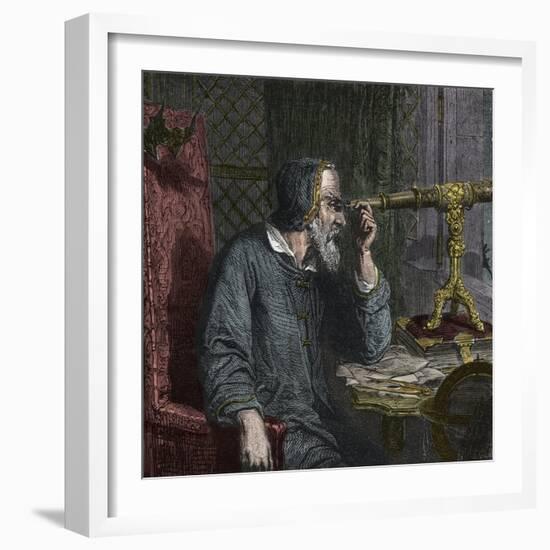 Galileo Galilei and His Telescope - Engraving 1864-Stefano Bianchetti-Framed Giclee Print