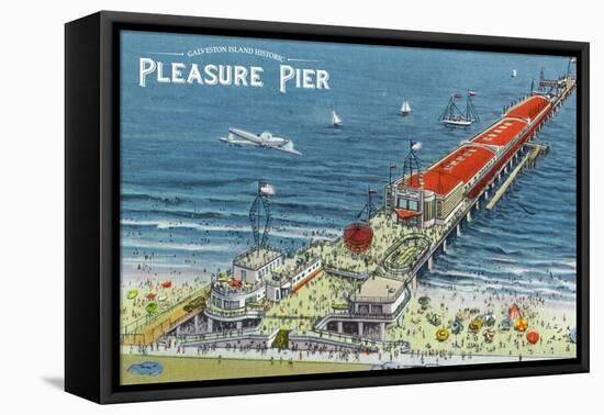 Galveston, Texas - Aerial View of Pleasure Pier and the Beach Front, c.1945-Lantern Press-Framed Stretched Canvas