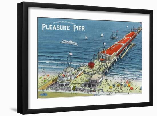 Galveston, Texas - Aerial View of Pleasure Pier and the Beach Front, c.1945-Lantern Press-Framed Art Print