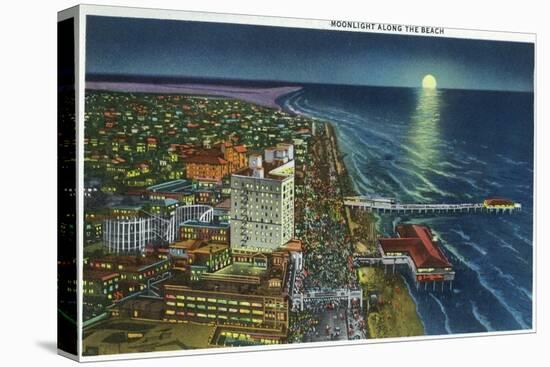 Galveston, Texas - Aerial View of the City, Seawall, and the Beach in the Moonlight, c.1947-Lantern Press-Stretched Canvas