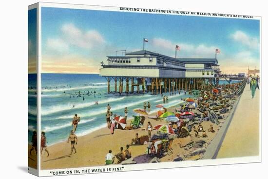 Galveston, Texas - Exterior View of Murdoch's Bath House, Crowds on the Beach, c.1947-Lantern Press-Stretched Canvas