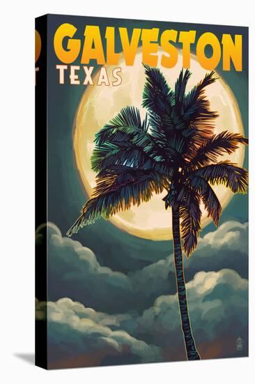 Galveston, Texas - Palm and Moon-Lantern Press-Stretched Canvas