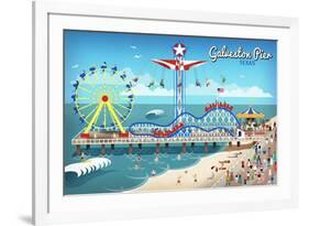 Galveston, Texas - Retro Pier-Lantern Press-Framed Art Print