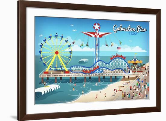 Galveston, Texas - Retro Pier-Lantern Press-Framed Art Print