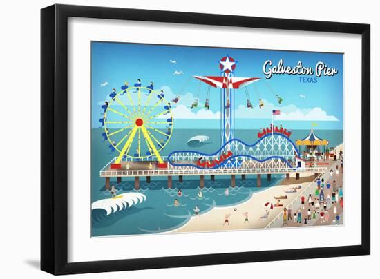 Galveston, Texas - Retro Pier-Lantern Press-Framed Art Print