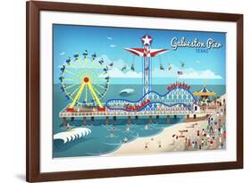 Galveston, Texas - Retro Pier-Lantern Press-Framed Premium Giclee Print