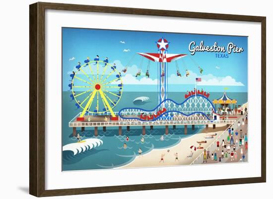 Galveston, Texas - Retro Pier-Lantern Press-Framed Art Print