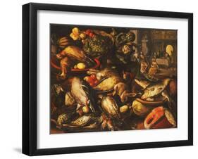 Game, Fish, Fruit and Vegetables in Baskets and Bowls in a Larder-Joachim Beuckelaer-Framed Giclee Print