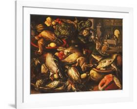 Game, Fish, Fruit and Vegetables in Baskets and Bowls in a Larder-Joachim Beuckelaer-Framed Giclee Print