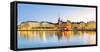 Gamla stan, Stockholm, Sweden, Northern Europe. Cityscape panorama at sunrise.-Marco Bottigelli-Framed Stretched Canvas