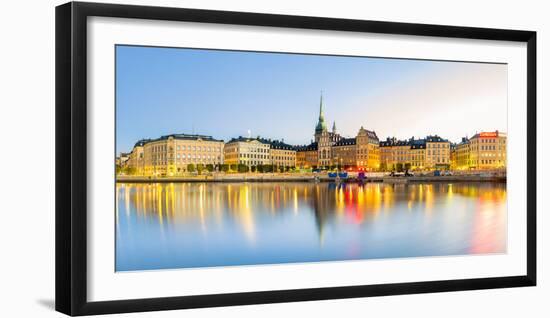 Gamla stan, Stockholm, Sweden, Northern Europe. Cityscape panorama at sunrise.-Marco Bottigelli-Framed Photographic Print