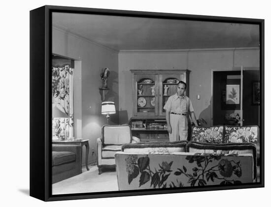 Gangster Mickey Cohen Standing in His Lavishly Furnished Living Room-Ed Clark-Framed Stretched Canvas